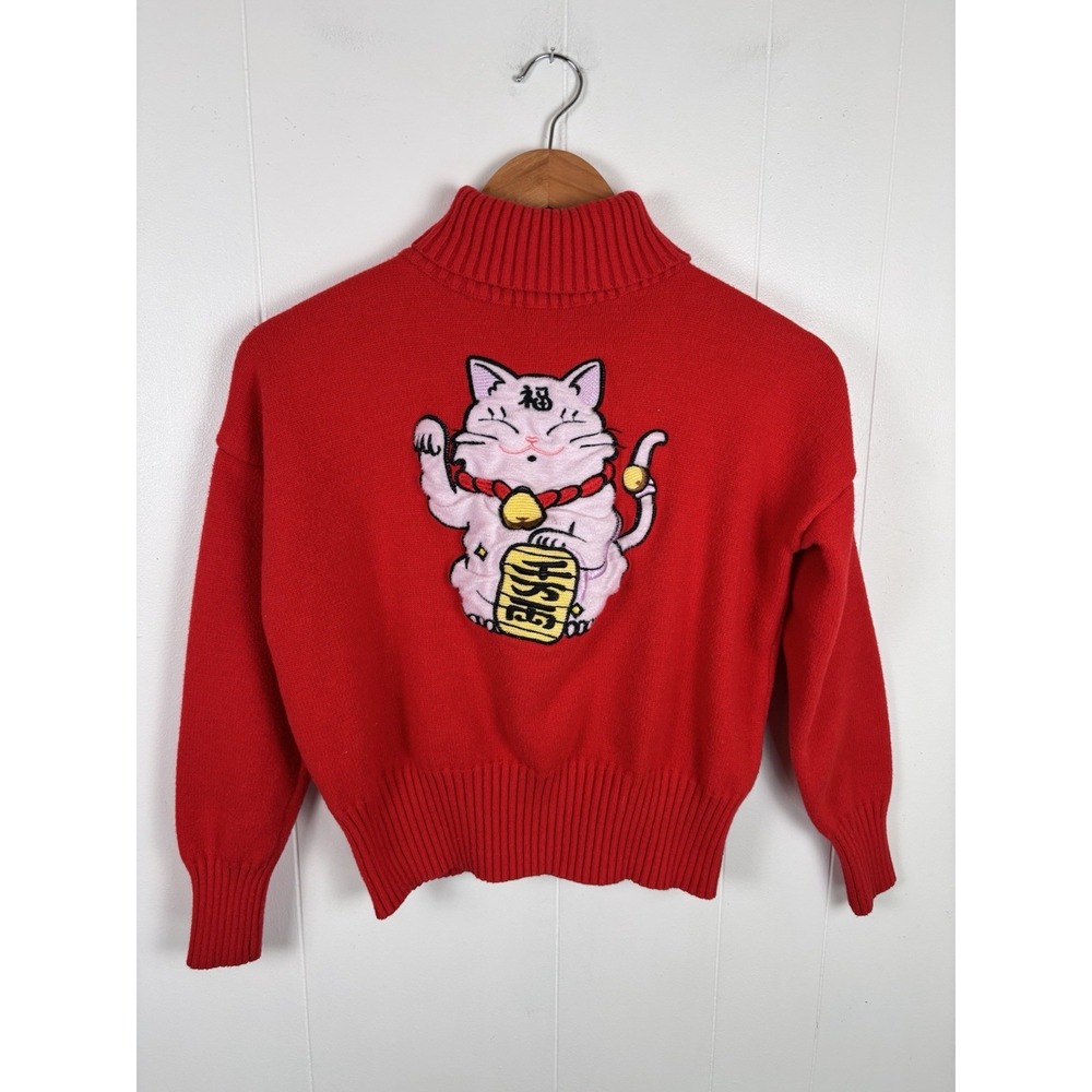 Vintage Maneki-Neko Embroidered The Lucky Cat XS Cropped Turtleneck Red‎ Sweater